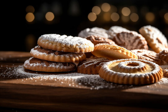 Traditional Swiss Biberli cookies are served on a wooden board. (Generative AI)
