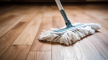 Floor cleaning with mob and cleanser foam. Cleaning tools on parquet floor - obrazy, fototapety, plakaty