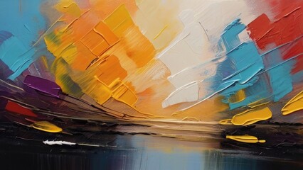 An abstract painting with a mix of vibrant colors and pallet knife strokes on a canvas, contemporary artwork, room decoration, modern poster