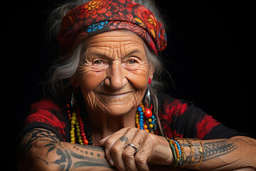An elderly woman with a colorful headscarf and vibrant beads smiles, her face telling a story as rich as her tattoos.
