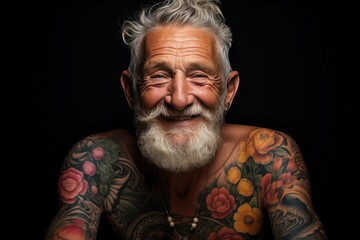 A cheerful elderly man with a white beard and a twinkle in his eyes smiles broadly, his skin adorned with vibrant colored tattoos of flowers and patterns against a black background - 697100160