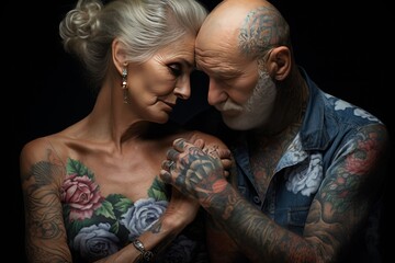In this tender portrait, an elderly couple with their foreheads touching and hands clasped