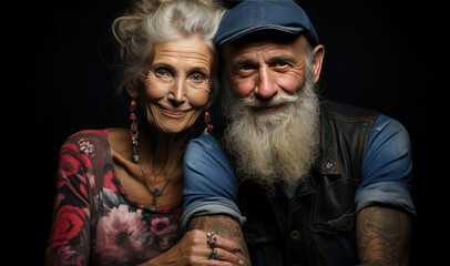 The image features a charming elderly couple leaning in closely, sharing a moment of joy.