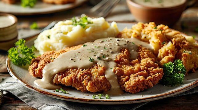 chicken fried steak with gravy and mashed potatoes,  gravy