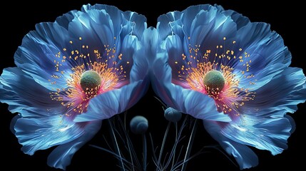 the flowers are colored blue, in the style of realistic chiaroscuro lighting, magenta and black, abstracted botanical illustrations 