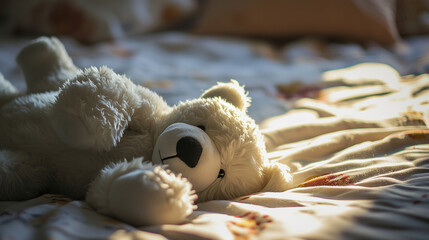 白いクマのぬいぐるみがベッドに横たわっている写真 - obrazy, fototapety, plakaty