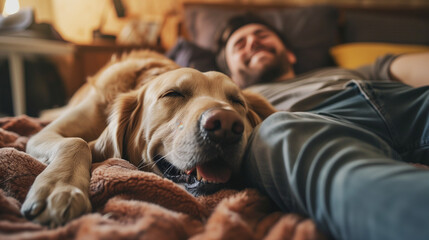 大きなゴールデンレトリバーの犬と飼い主の男性がベッドで横になってくつろいでいるところ