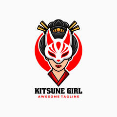 Vector Logo Illustration Kitsune Girl Mascot Cartoon Style