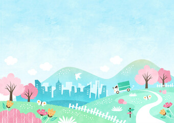 春の引っ越し・新生活の背景イラスト 街へ向かうトラックと桜の咲く風景