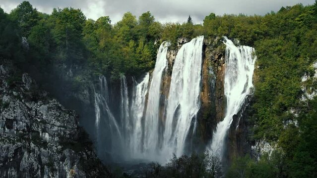 Plitvice Lakes National Park in Croatia. Reserve Plitvice Lakes. High content of calcium carbonate. National park in Croatia. A cascade of 16 lakes connected by waterfalls and a limestone canyon.