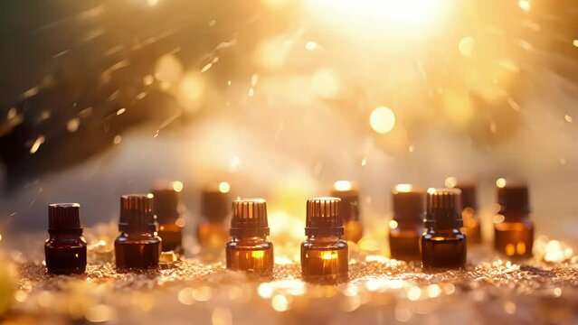 Closeup of fragrant essential oils being dispersed into the water of the rain shower, filling the air with a soothing and calming aroma to enhance the spa experience.