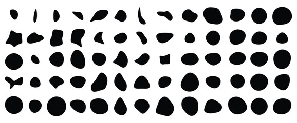 Random blotch, inkblot. Organic blob, blot. Speck shape.Splat, fleck graphic. Drop of liquid, fluid. Pebble, stone silhouette.Ink stain, mottle spot irregular shape. Basic, simple rounded, smooth form