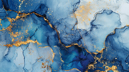 A watercolor background created with brush strokes, featuring spilled blue paints on paper. It includes golden shiny veins and a cracked marble texture for added visual interest.