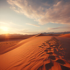 Fototapeta na wymiar sunset in the desert, Vast desert dune stretching to the horizon under a scorching sun, Serene desert vista with undulating sand dunes beneath a mesmerizing gradient sky at dawn. Generative AI, Sands 