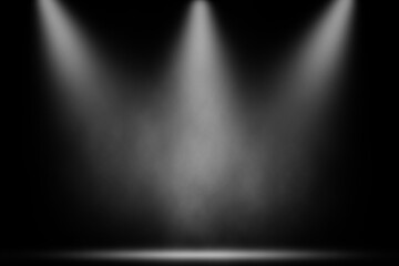 Spotlight white smoke on wood stage dark background. - 697104920
