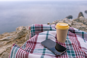 Laptop coffee on blanket with ocean view. Illustrating serene outdoor laptop use. Freelancer enjoying their time outdoors while working or browsing the internet.