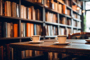 Dive into the literary charm of a cafe with a close-up view of a vintage bookshelf. Showcase the eclectic collection of books. Blur the background to evoke the coziness of a reading nook.