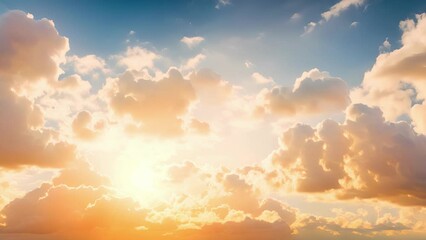 Towering cloudfilled sky illuminated by a golden sun