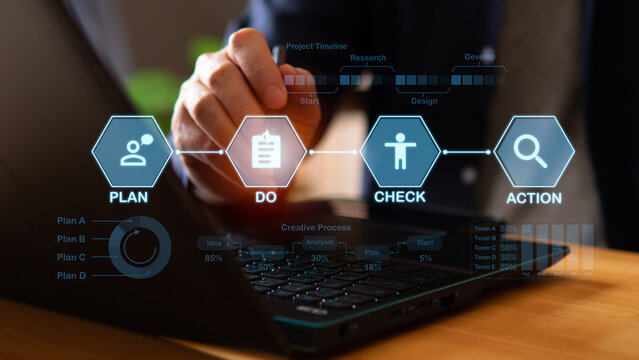 Plan Do Action Check PDCA continuous quality improvement model concept. Businessman  check the the Do on virtual screen, the strategy to success target.