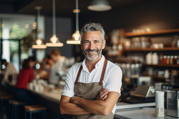 Offer a perspective on cafe leadership with a portrait of the owner at the counter. Blur the background to enhance the owner's presence.