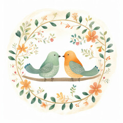 Watercolor Retro Love Birds