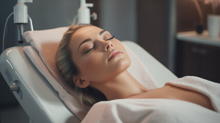 Fototapeta premium a beauty center as a female client receives a SMAS ultrasound face lifting procedure