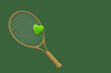 beige tennis racket and heart shaped tennis ball on green isolated background 3d rendering