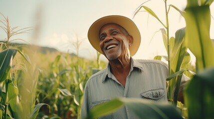 Black senior man farmer 60s at corn field - obrazy, fototapety, plakaty