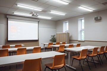 a modern classroom interior with chairs and a projector screen