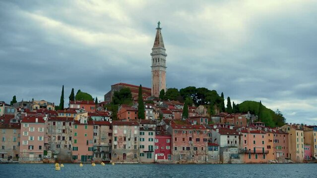 Rovinj , Croatia - Panoramic view of old town of Rovinj skyline in Istria peninsular, Croatia at waterfront street.