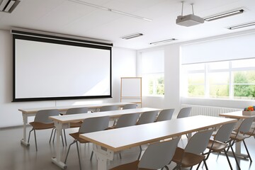 Fototapeta na wymiar a modern classroom interior with chairs and a projector screen