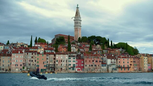 Rovinj , Croatia - Panoramic view of old town of Rovinj skyline in Istria peninsular, Croatia at waterfront street.