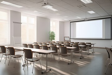 a modern classroom interior with chairs and a projector screen - obrazy, fototapety, plakaty