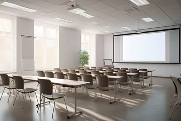 Foto op Canvas a modern classroom interior with chairs and a projector screen © DailyLifeImages