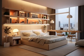 a beautiful modern cozy comfortable bedroom interior with bookshelf