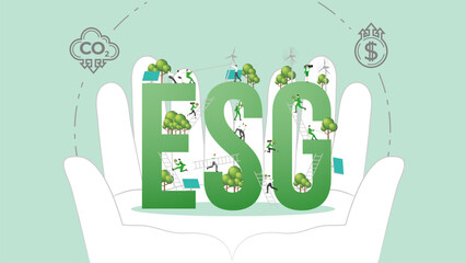 ESG sustainability policy in hand. Carbon credit calculate from reduce carbon footprint and carbon dioxide to carbon offset. ESG in Hand.