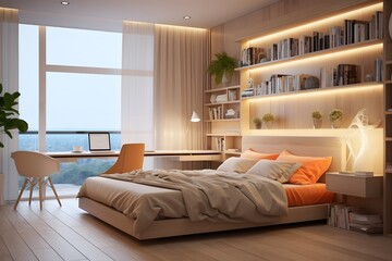 a beautiful modern cozy comfortable bedroom interior with bookshelf