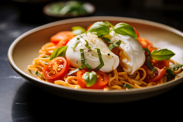 Tomato basil buratta pasta is served. (Generative AI)