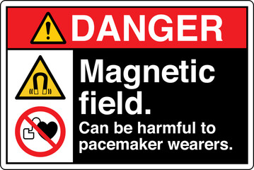 ANSI Z535 Safety Sign Marking Label Symbol Pictogram Standards Danger Magnetic field can be harmful to pacemaker wearers two symbol with text landscape black