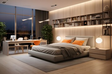 Fototapeta na wymiar a beautiful modern cozy comfortable bedroom interior with bookshelf