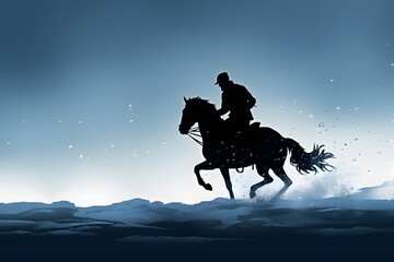 Obraz na płótnie Canvas a silhouette of a cowboy man riding a horse in snow in winters