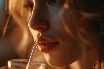 An extreme close-up shot on a beautiful woman’s mouth drinking with a straw, front view, with blur background.