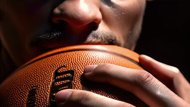 An image of a hand gripping a basketball tightly with a stern facial expression in a concentrated state of focus and intent. .