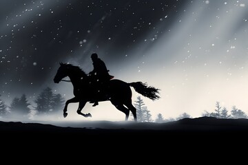 a silhouette of a cowboy man riding a horse in snow in winters