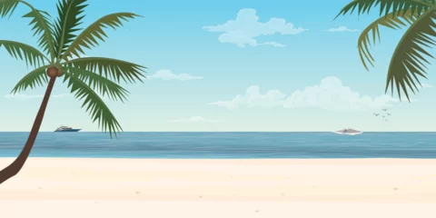 Fotobehang White sand beach with yacht at the horizon have coconut tree foreground vector illustration. Tropical blue sea concept flat design. © Wasitt