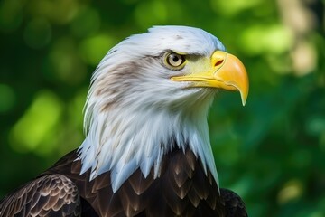 A close up of a bald eagle with a green background