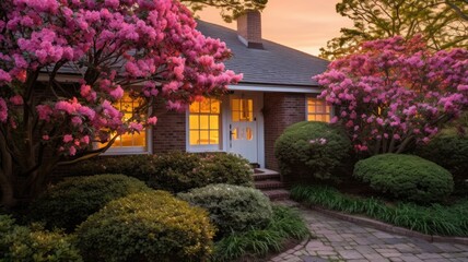 A house with pink flowers in front of it