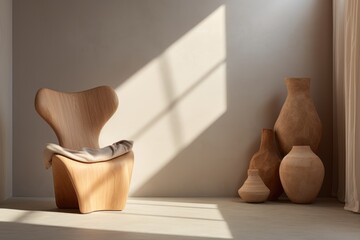 A wooden chair sitting in a room next to vases