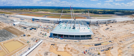 Panoramic aerial drone view of the construction site of the new Western Sydney International...