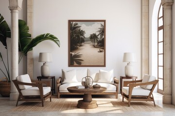 A living room filled with furniture and a painting on the wall